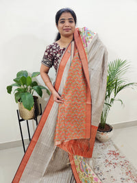 Soft Semi Tussar Weaving with Kalamkari Border -  Grey with Honey Brown