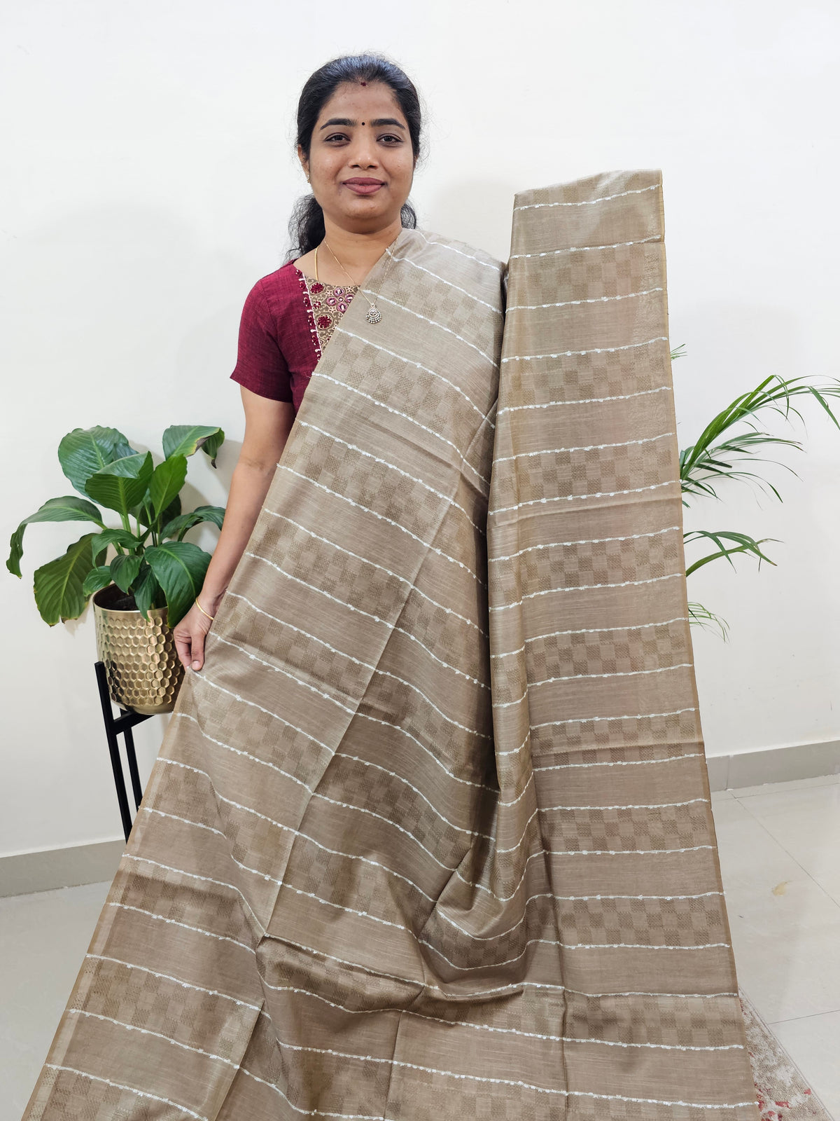 Bhagalpuri Silk Viscous - Beige with Pink