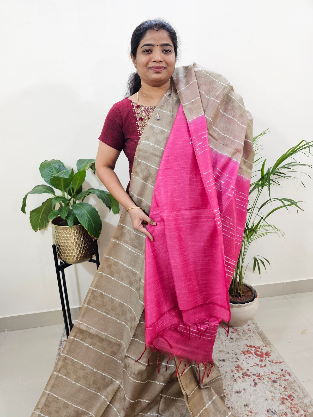 Bhagalpuri Silk Viscous - Beige with Pink