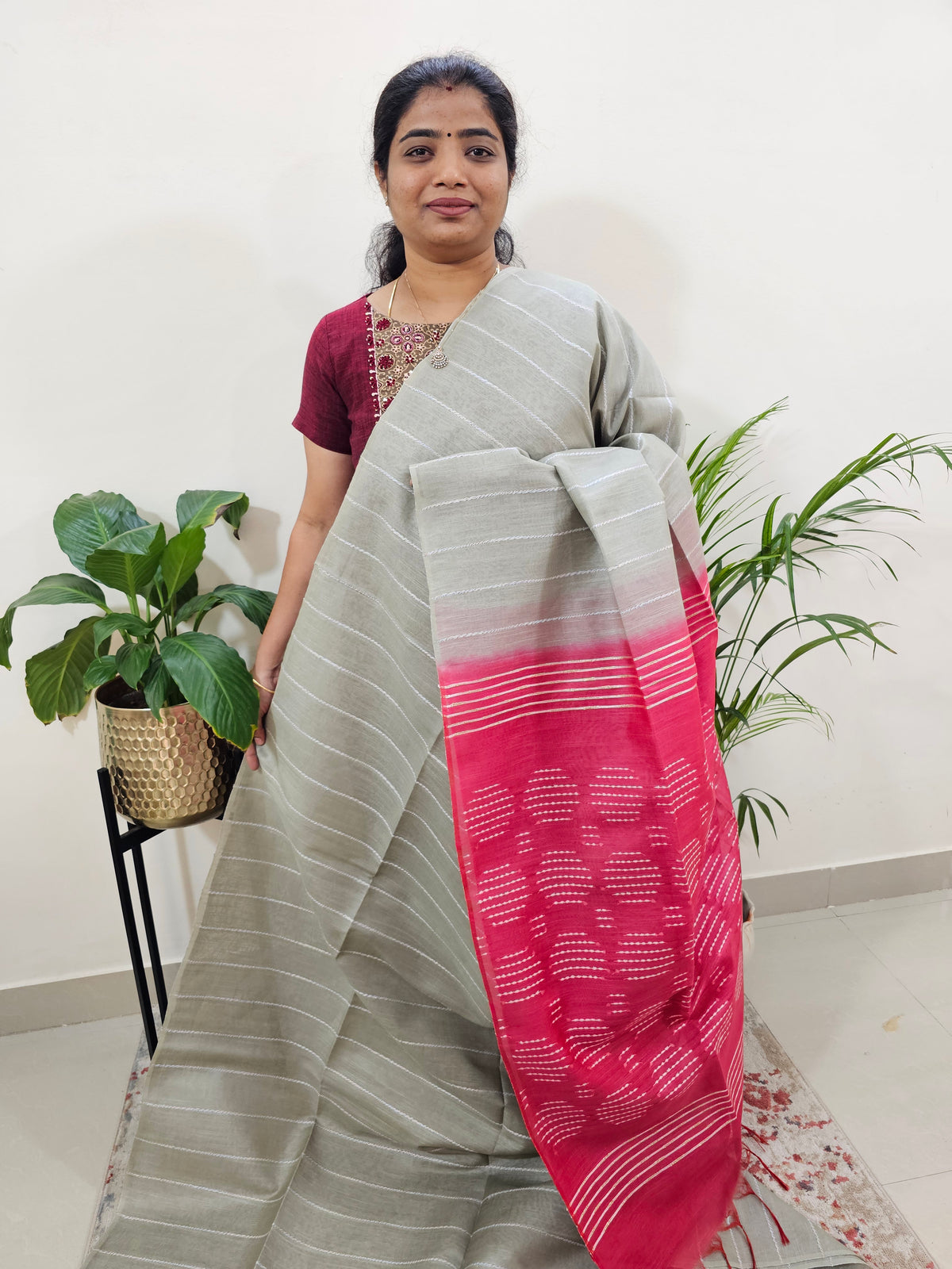 Bhagalpuri Silk Viscous - Grey with Pink