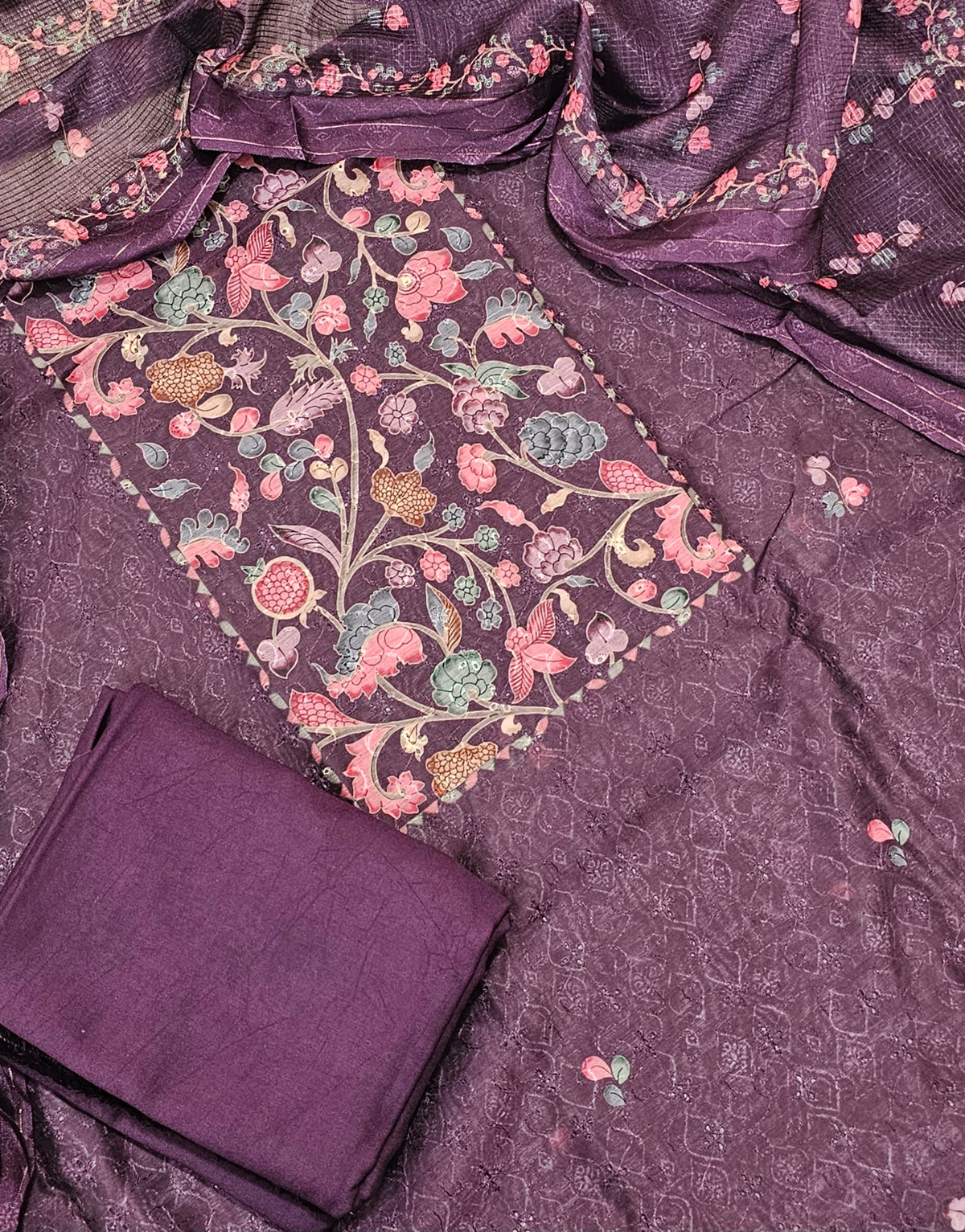 Semi Tussar Unstitched Salwar Suit  - Wine