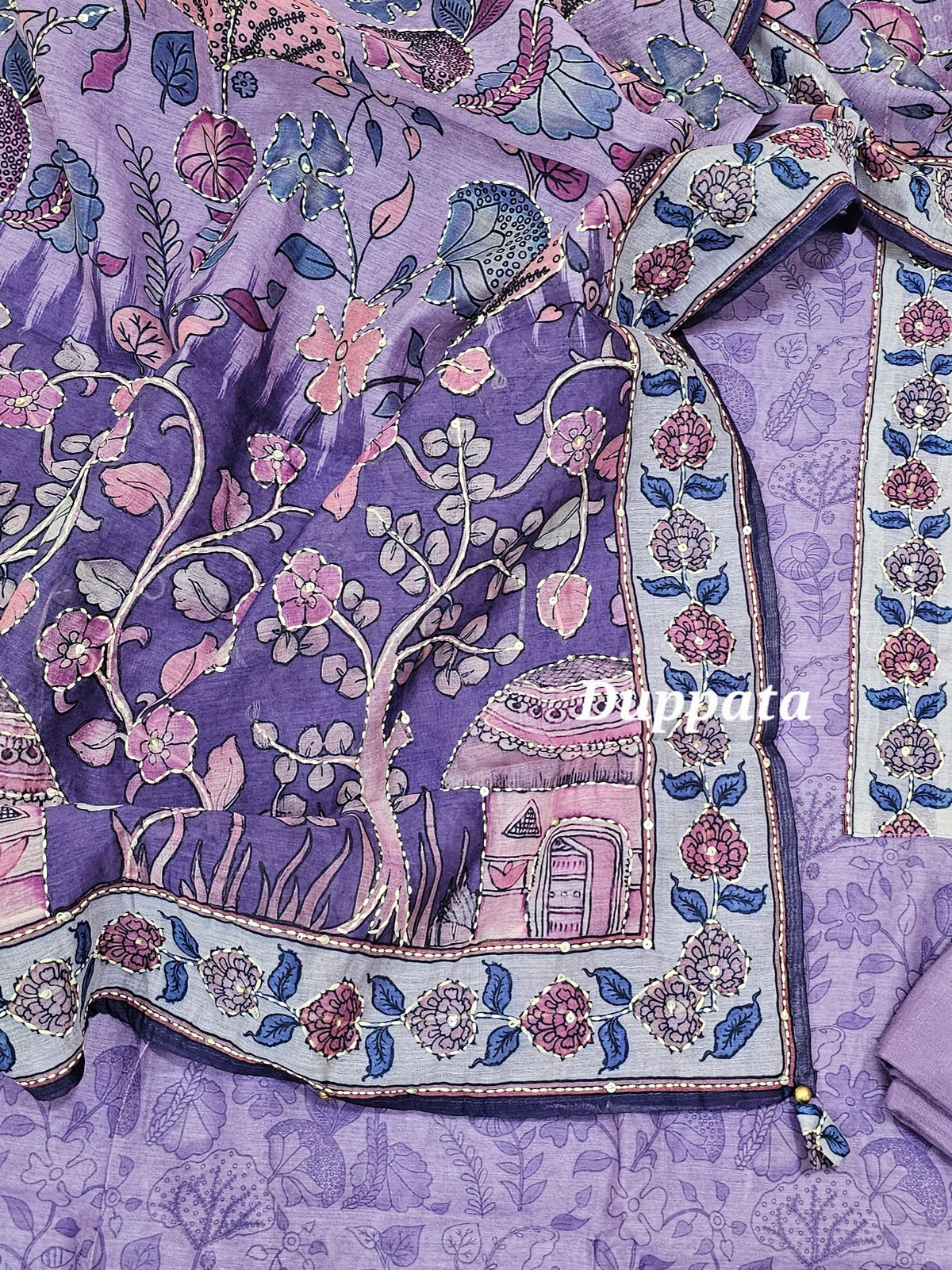 Chanderi with Kantha Unstitched Salwar Suit  - Lavender