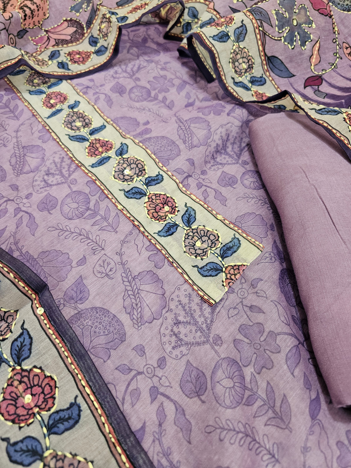 Chanderi with Kantha Unstitched Salwar Suit  - Lavender