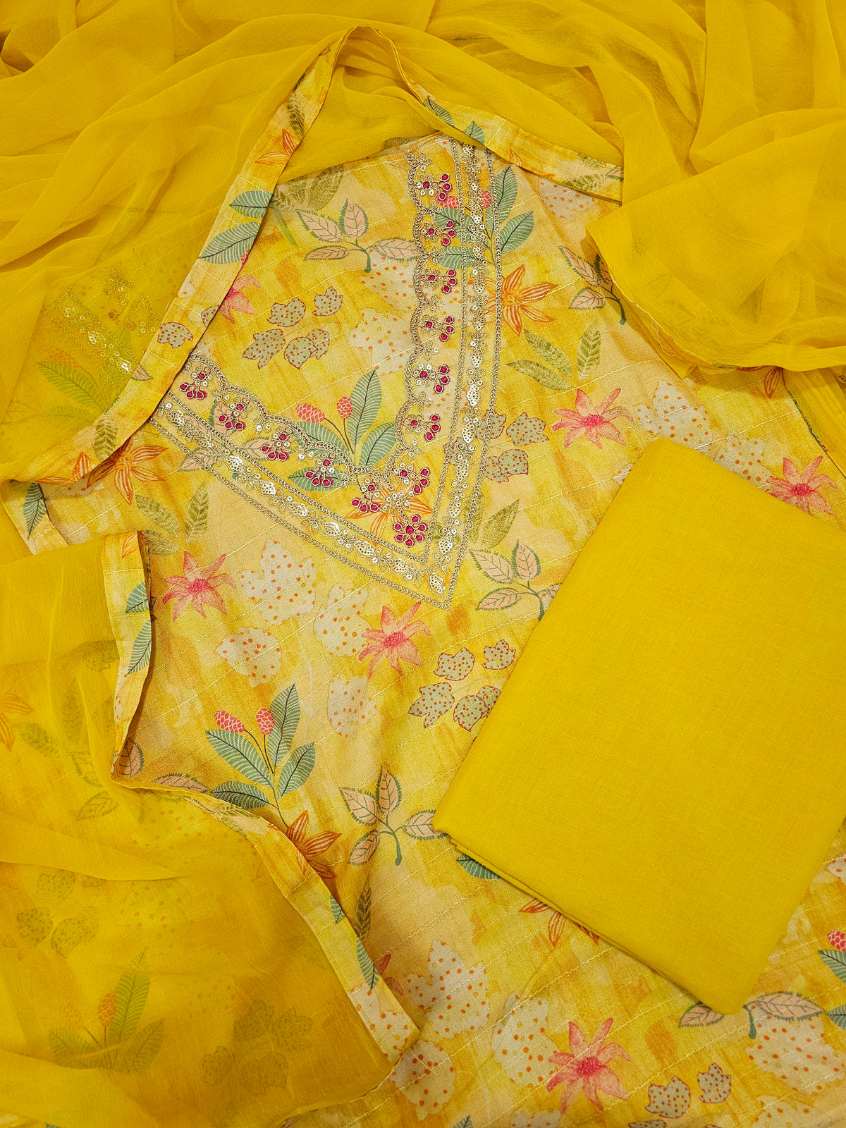 Semi Tussar Unstitched Salwar Suit - Yellow