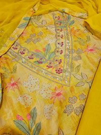 Semi Tussar Unstitched Salwar Suit - Yellow