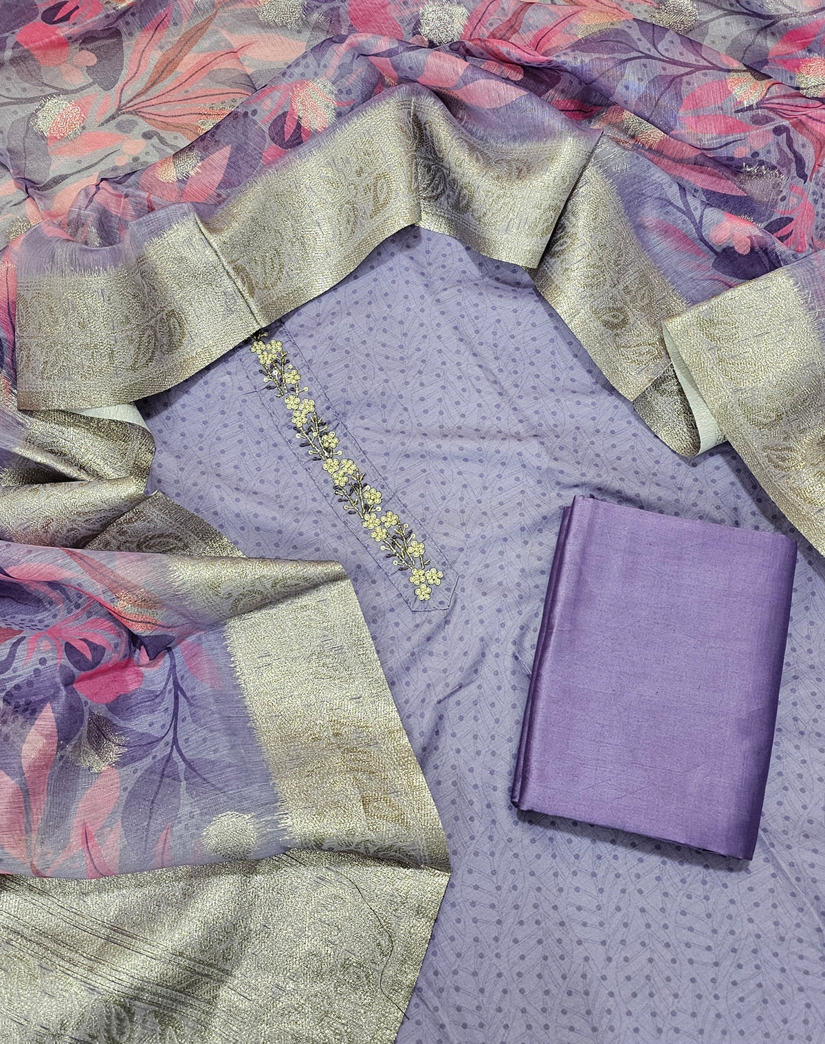 Soft Cotton with Banarasi Duppata Unstitched Salwar Suit - Lavender