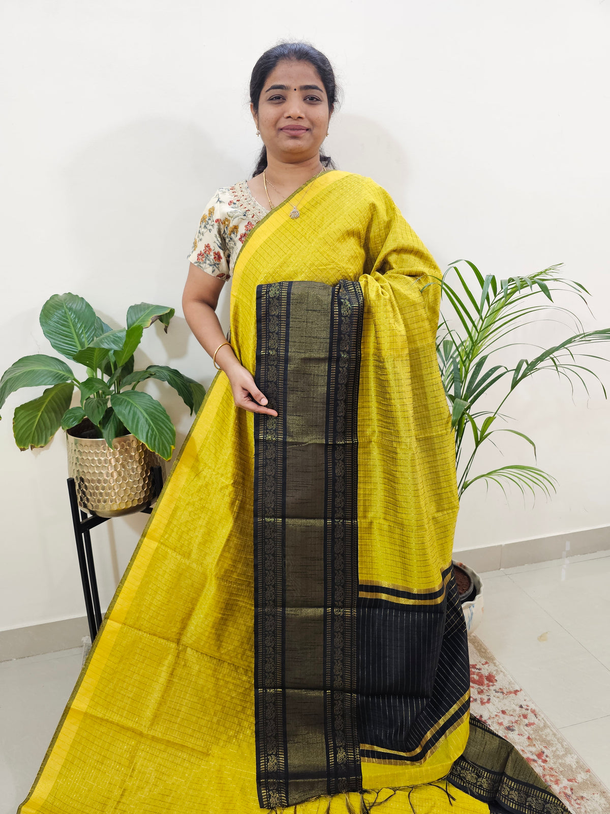 Semi Raw Silk Saree - Yellow with Black