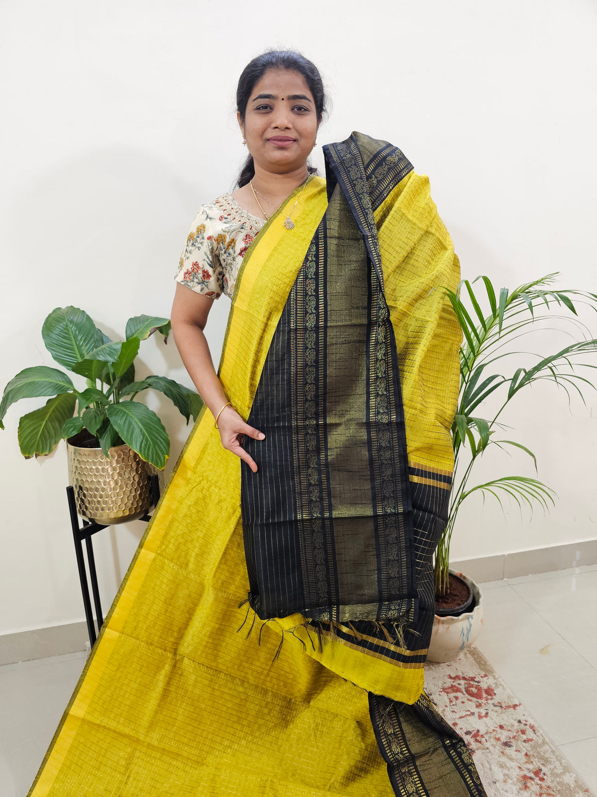 Semi Raw Silk Saree - Yellow with Black