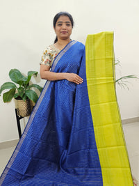 Semi Raw Silk Saree - Royal Blue with Lime Yellow