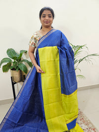 Semi Raw Silk Saree - Royal Blue with Lime Yellow