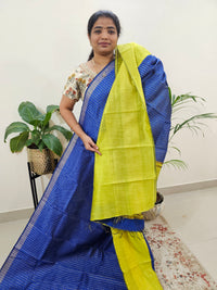 Semi Raw Silk Saree - Royal Blue with Lime Yellow