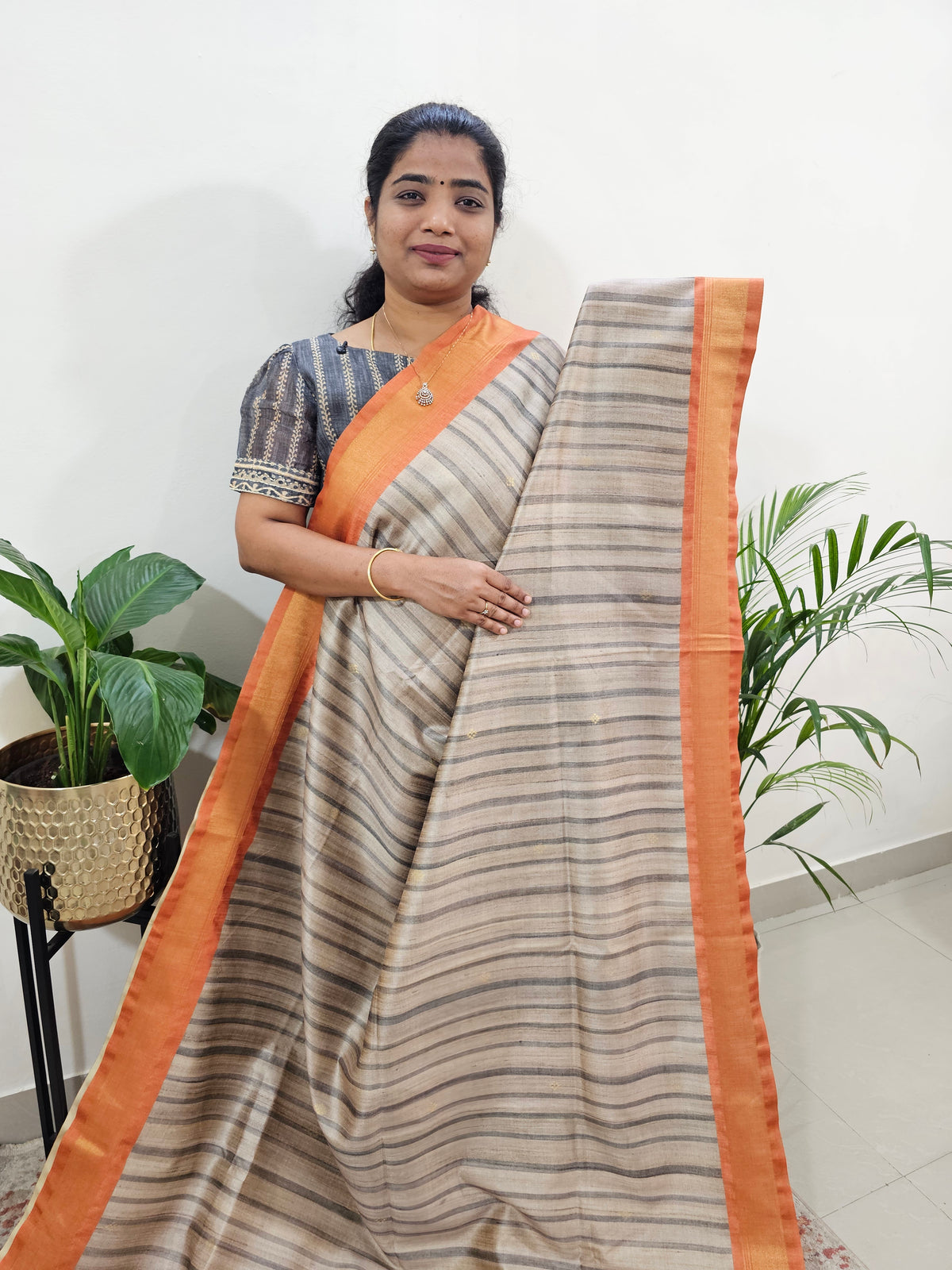 Soft Semi Tussar Weaving with Soft Zari Border - Orange
