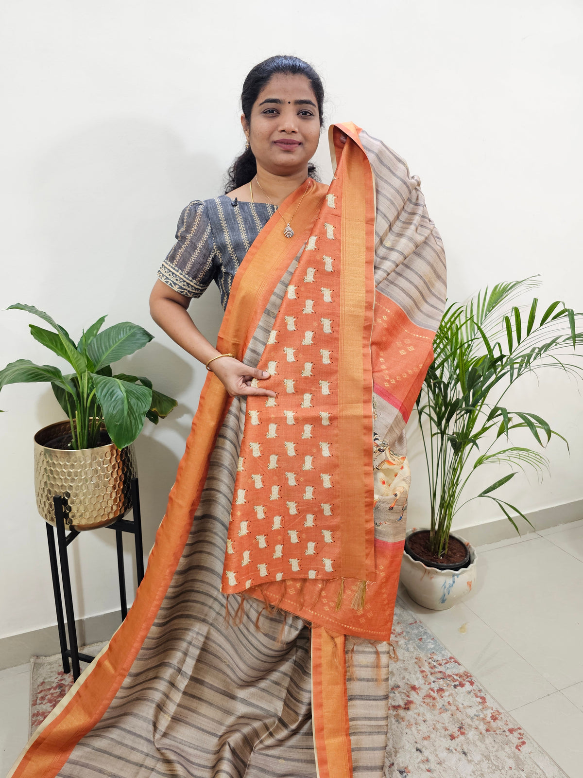 Soft Semi Tussar Weaving with Soft Zari Border - Orange