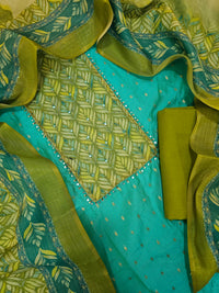Silk Unstitched Salwar - Sea Green with Green