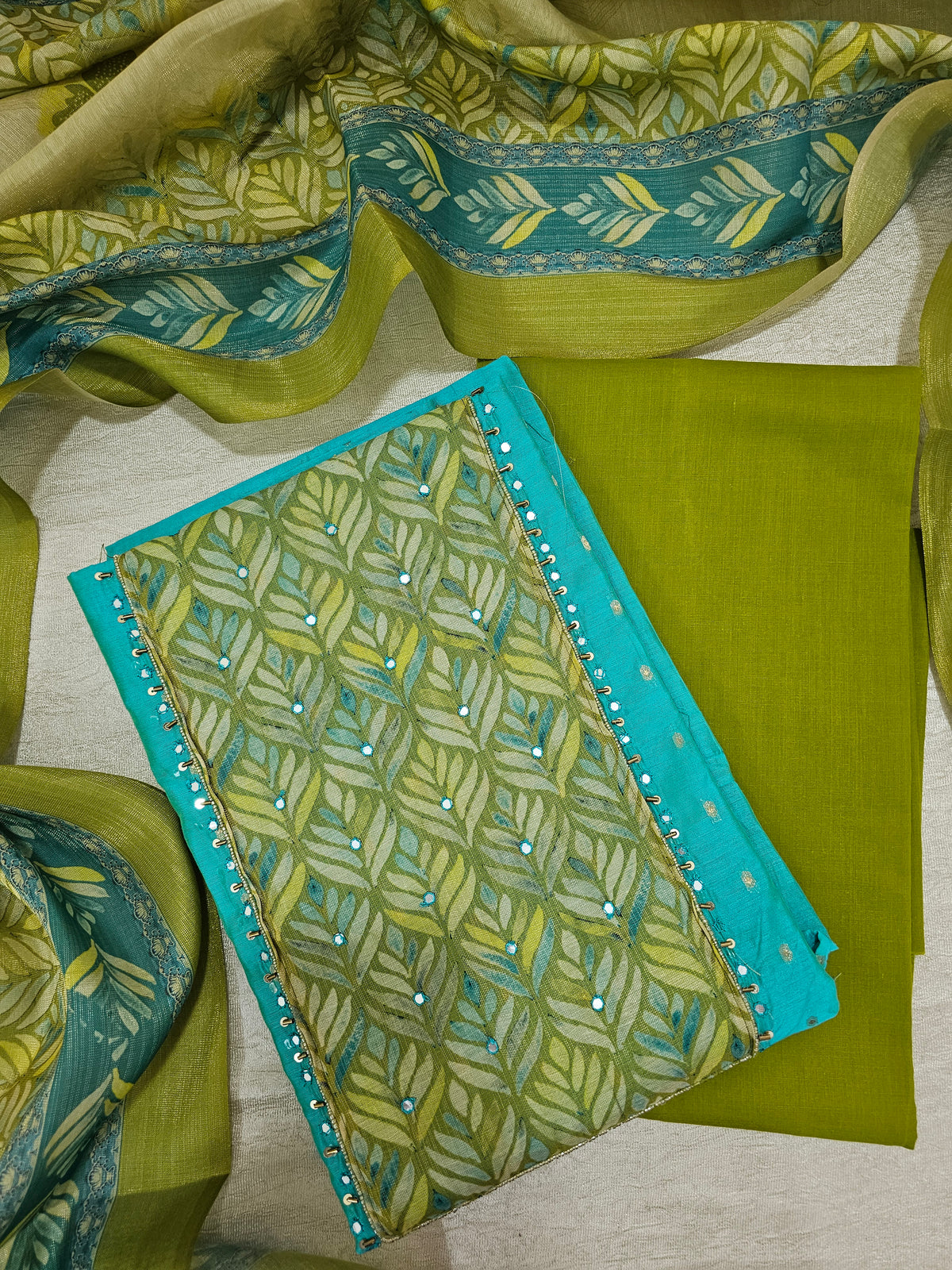 Silk Unstitched Salwar - Sea Green with Green