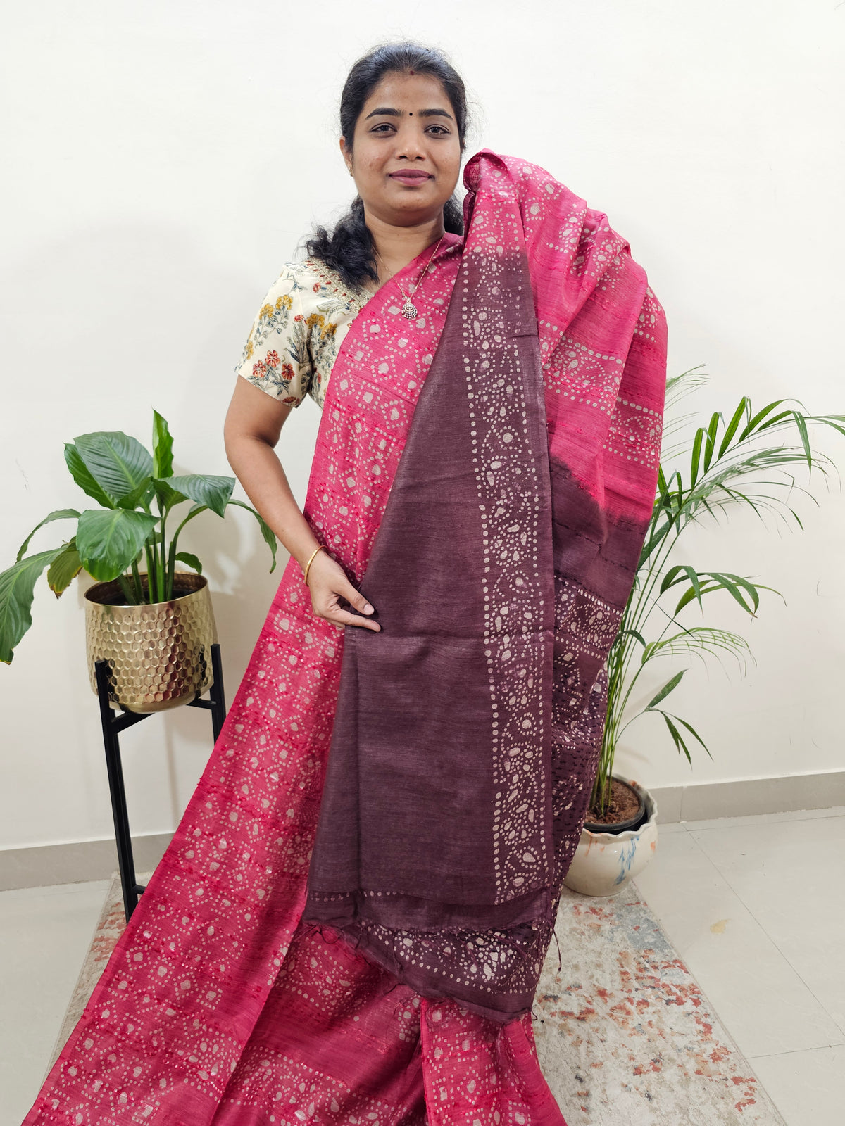 Bhagalpuri Batik Print- Pink with Brown