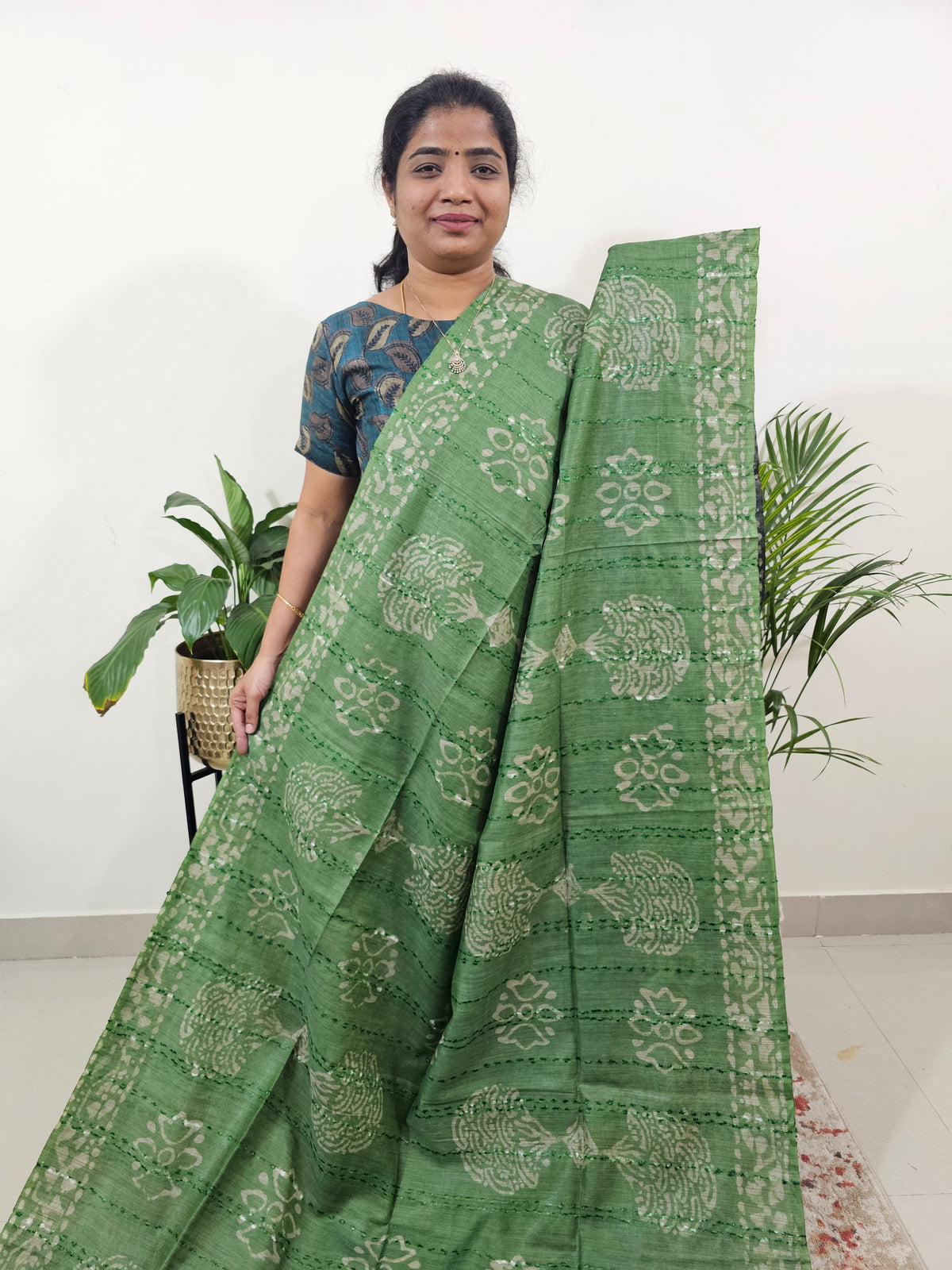 Bhagalpuri Batik Print - Green with Grey