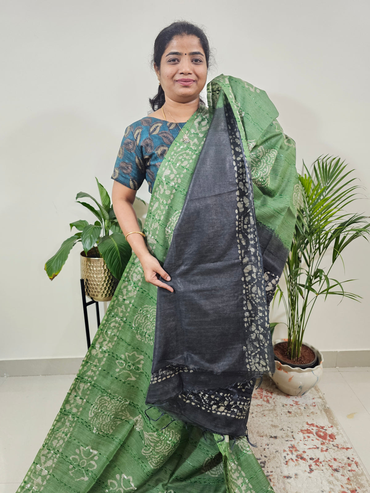 Bhagalpuri Batik Print - Green with Grey