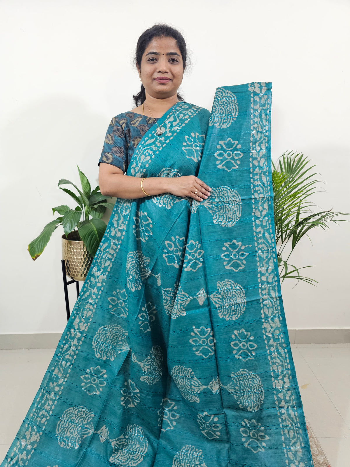 Bhagalpuri Batik Print - Sea Green with Blue