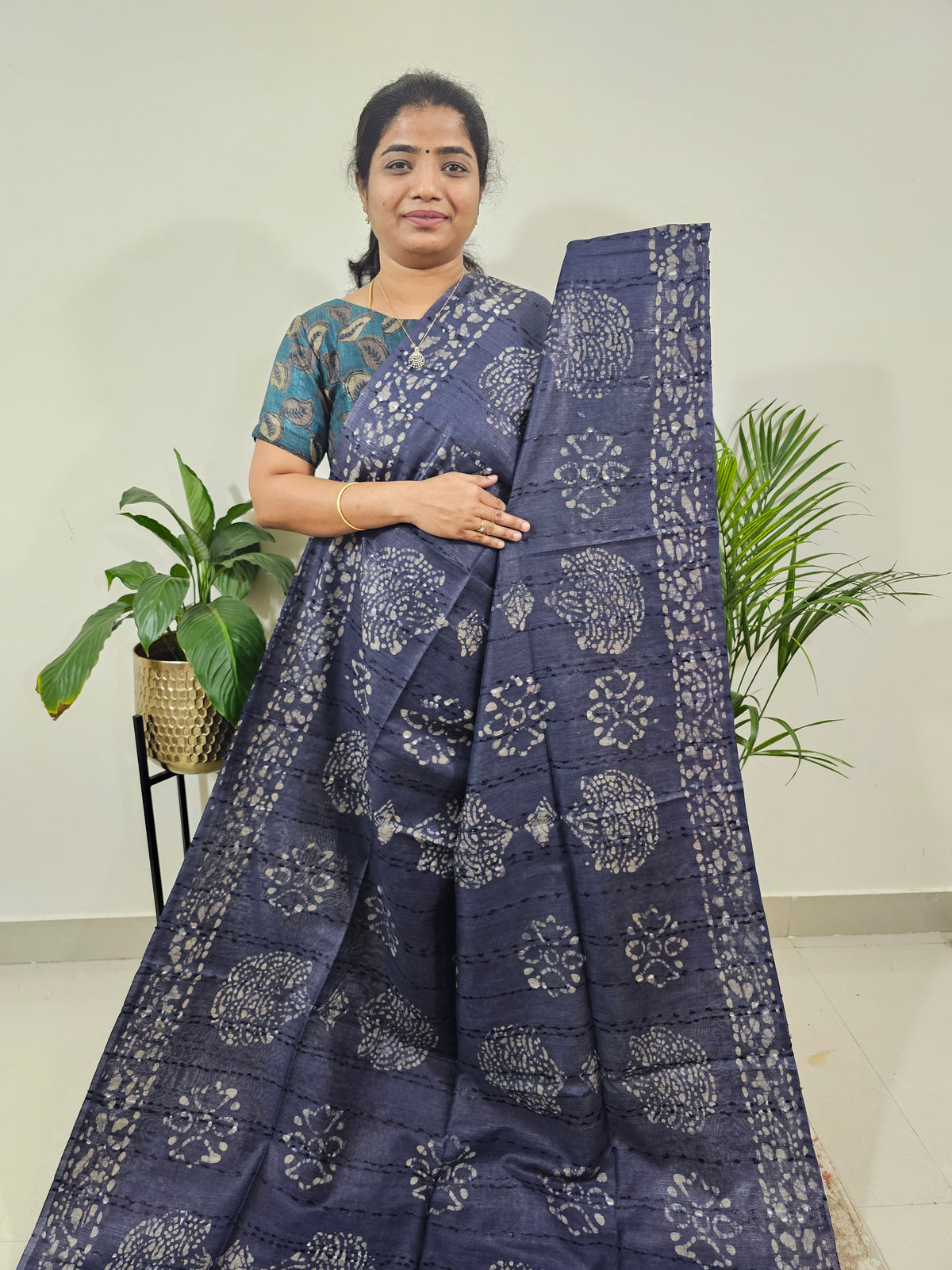 Bhagalpuri Batik Print - Blue with Pink
