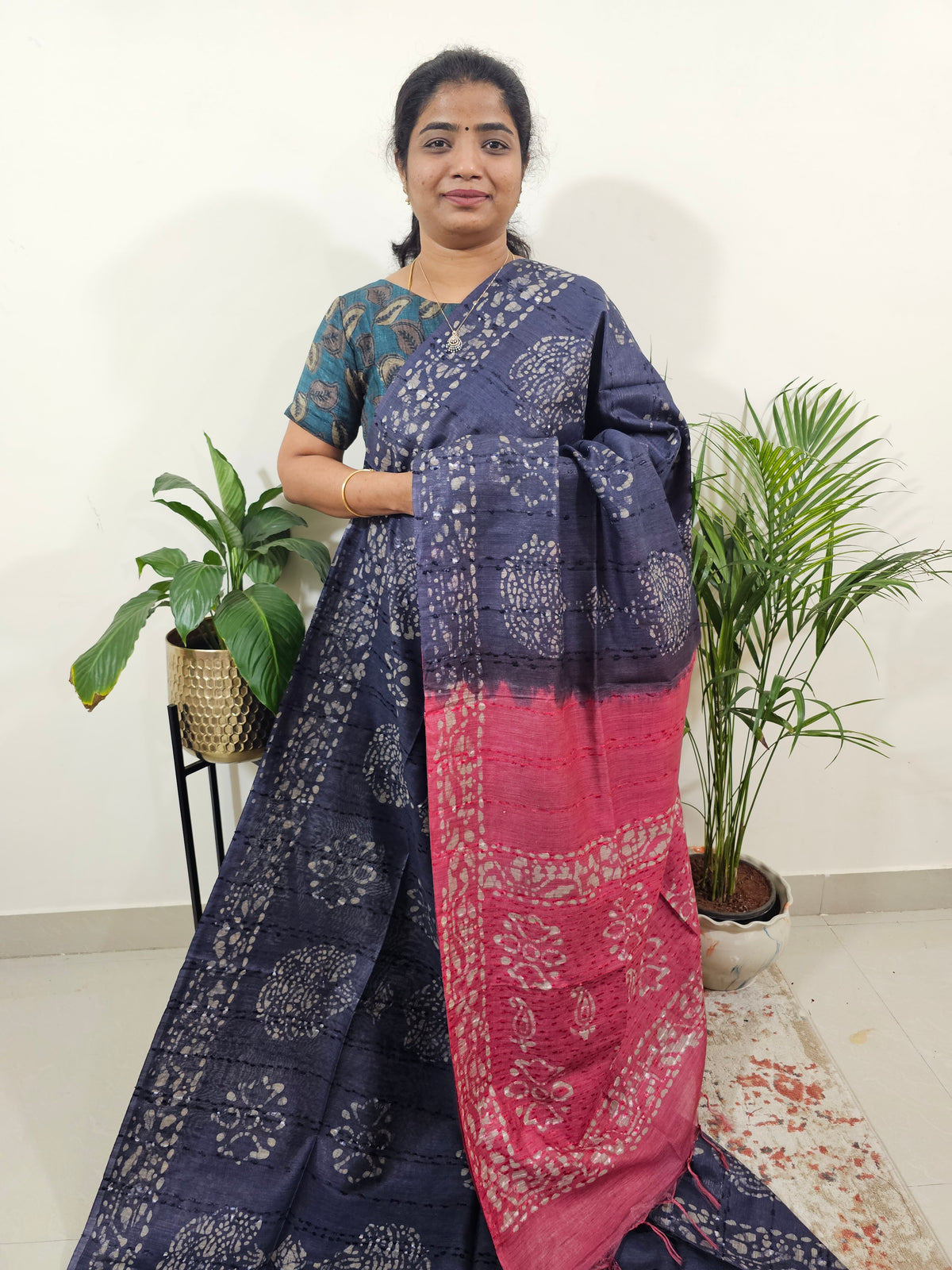 Bhagalpuri Batik Print - Blue with Pink