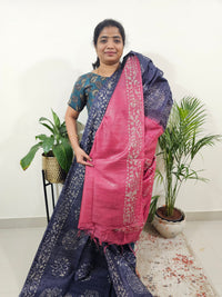 Bhagalpuri Batik Print - Blue with Pink