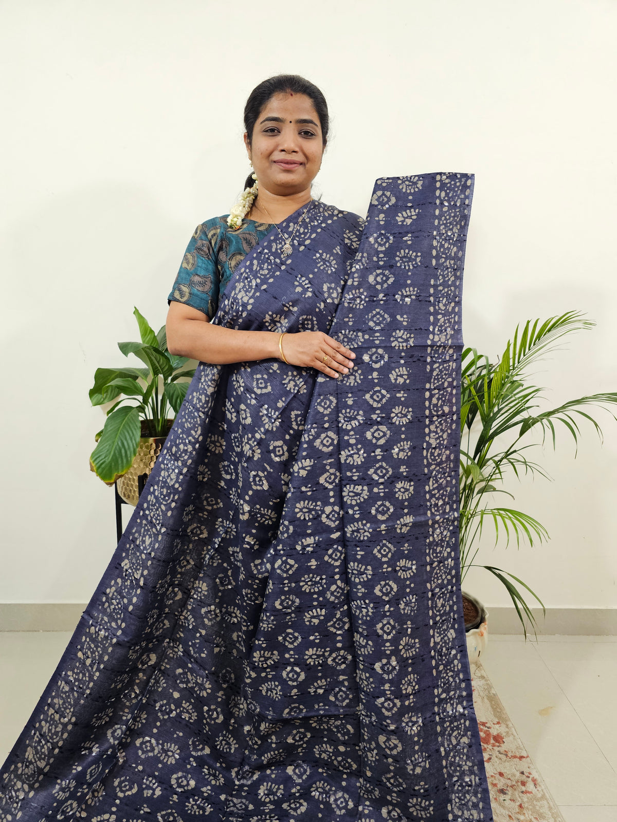 Bhagalpuri Batik Print- Navy Blue with Pink