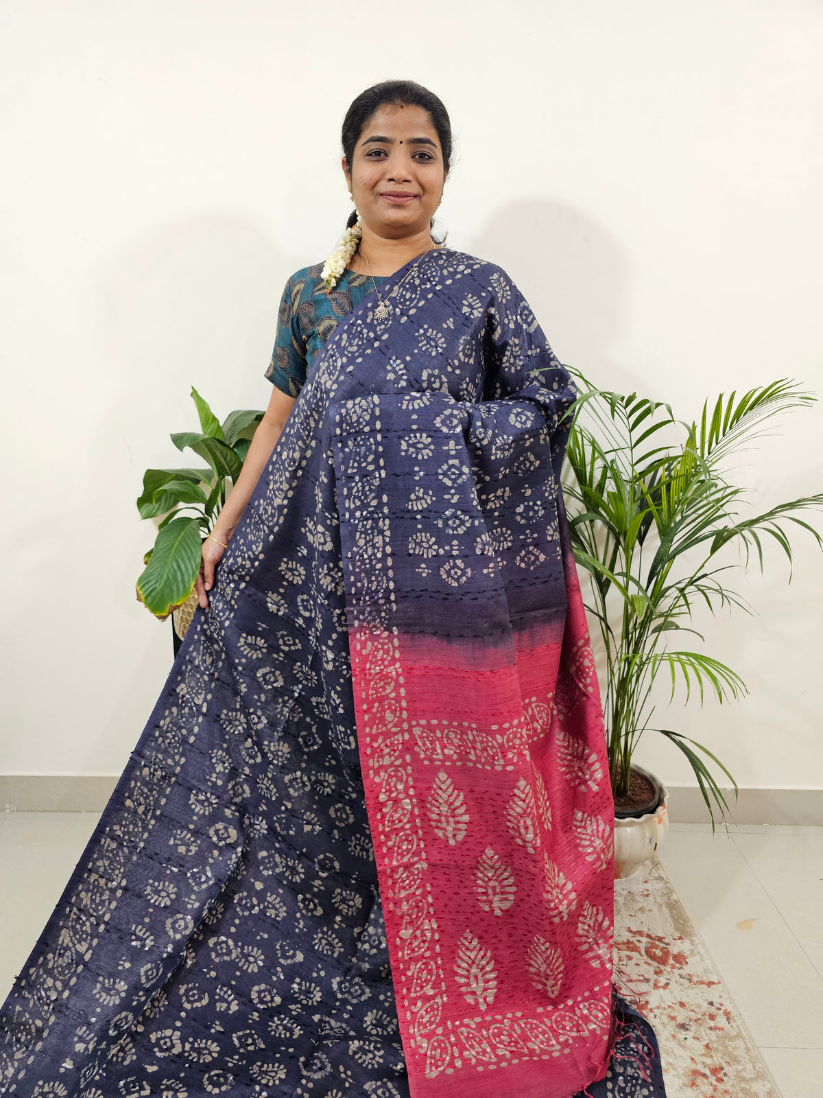 Bhagalpuri Batik Print- Navy Blue with Pink