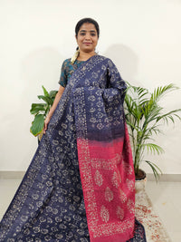 Bhagalpuri Batik Print- Navy Blue with Pink