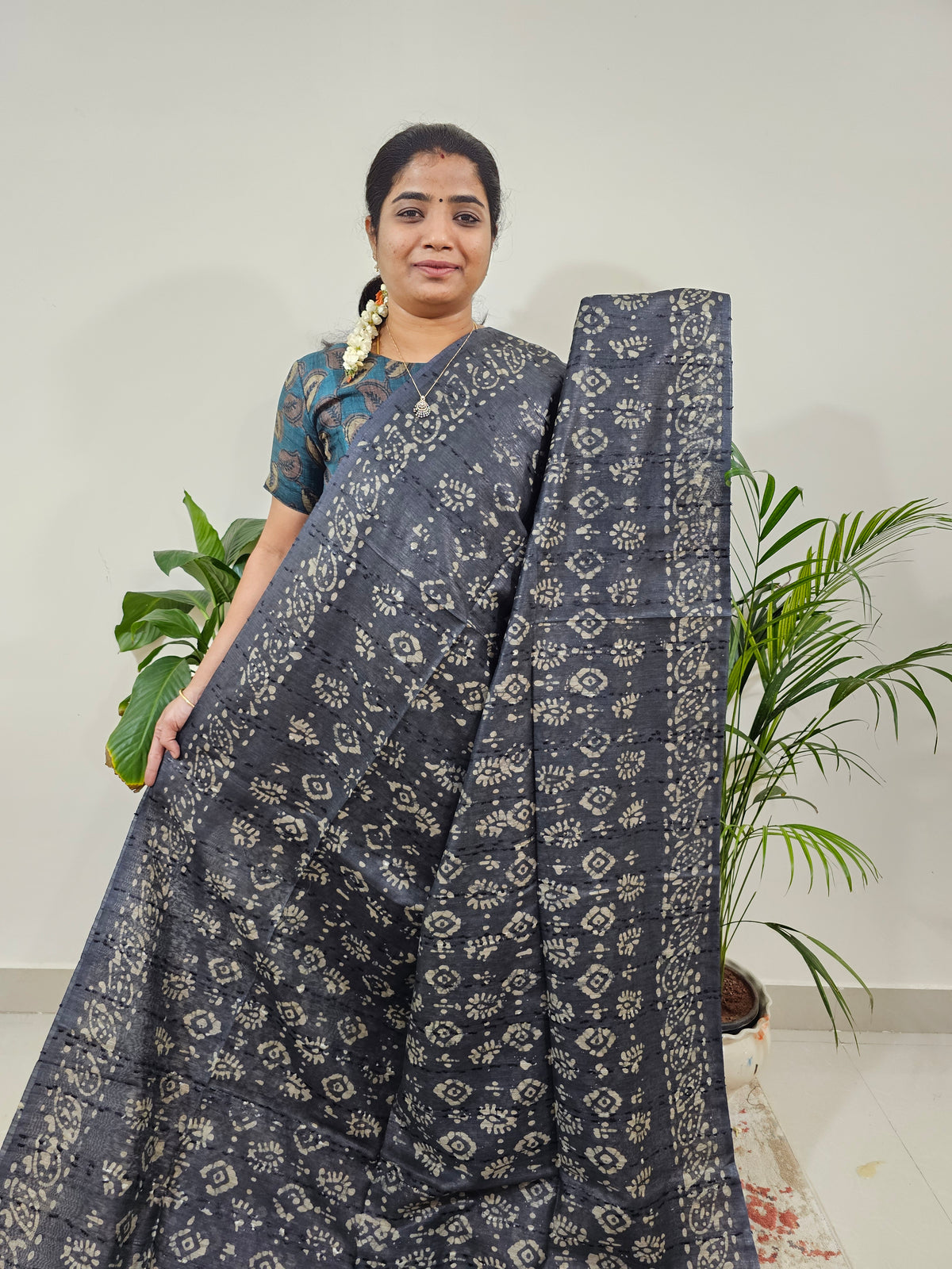 Bhagalpuri Batik Print- Grey with Peacock Blue