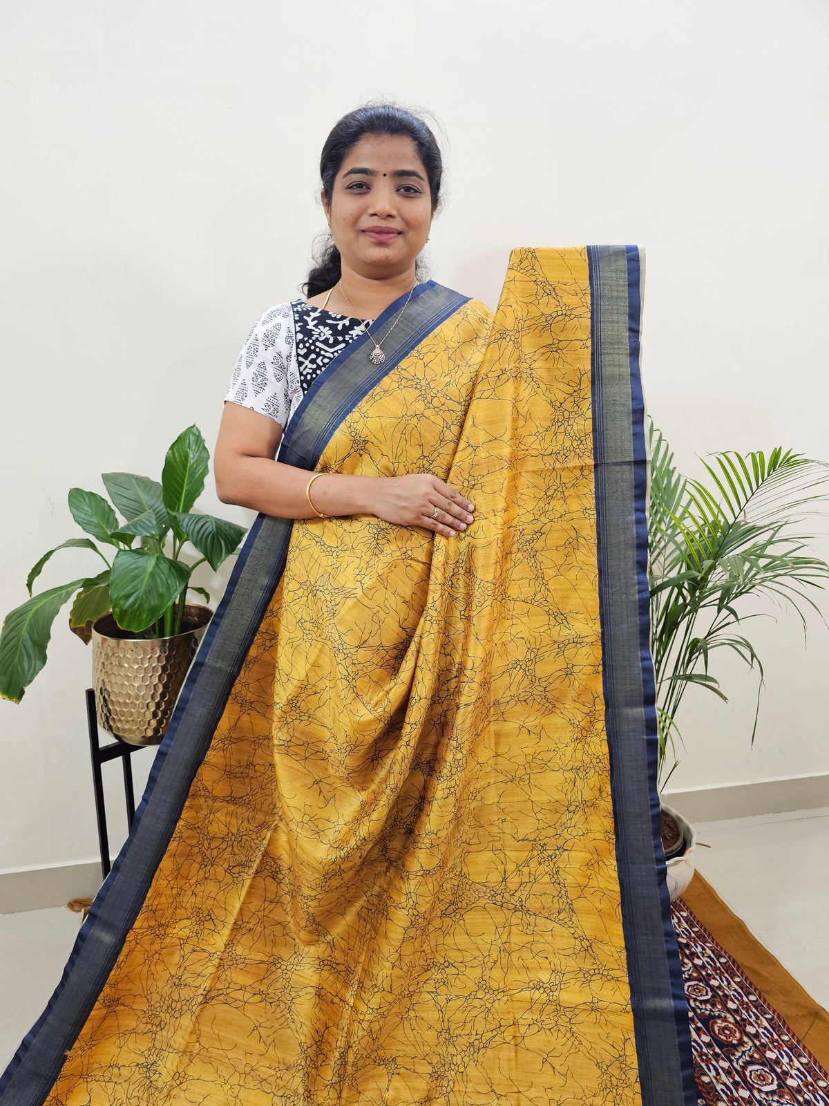 Soft Semi Tussar Weaving with Soft Zari Border - Yellow with Blue