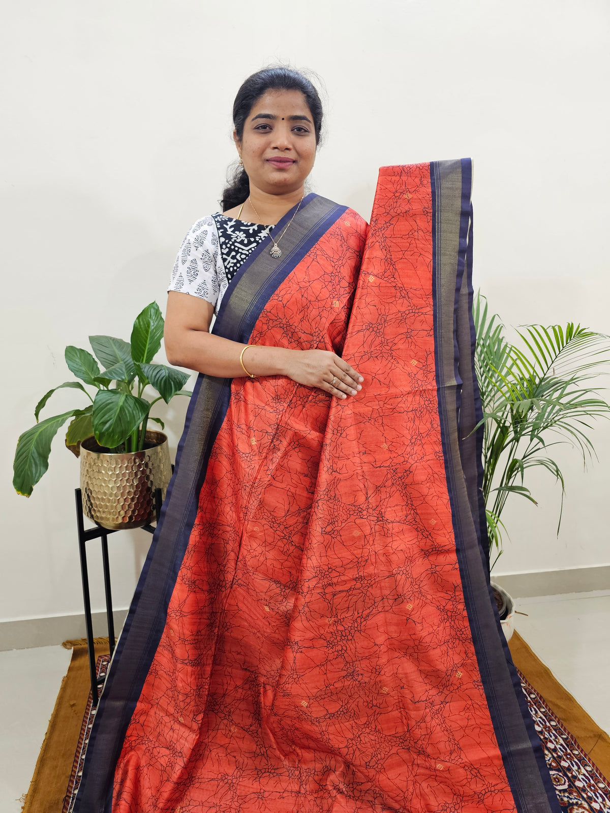 Soft Semi Tussar Weaving with Soft Zari Border - Orange  with Blue