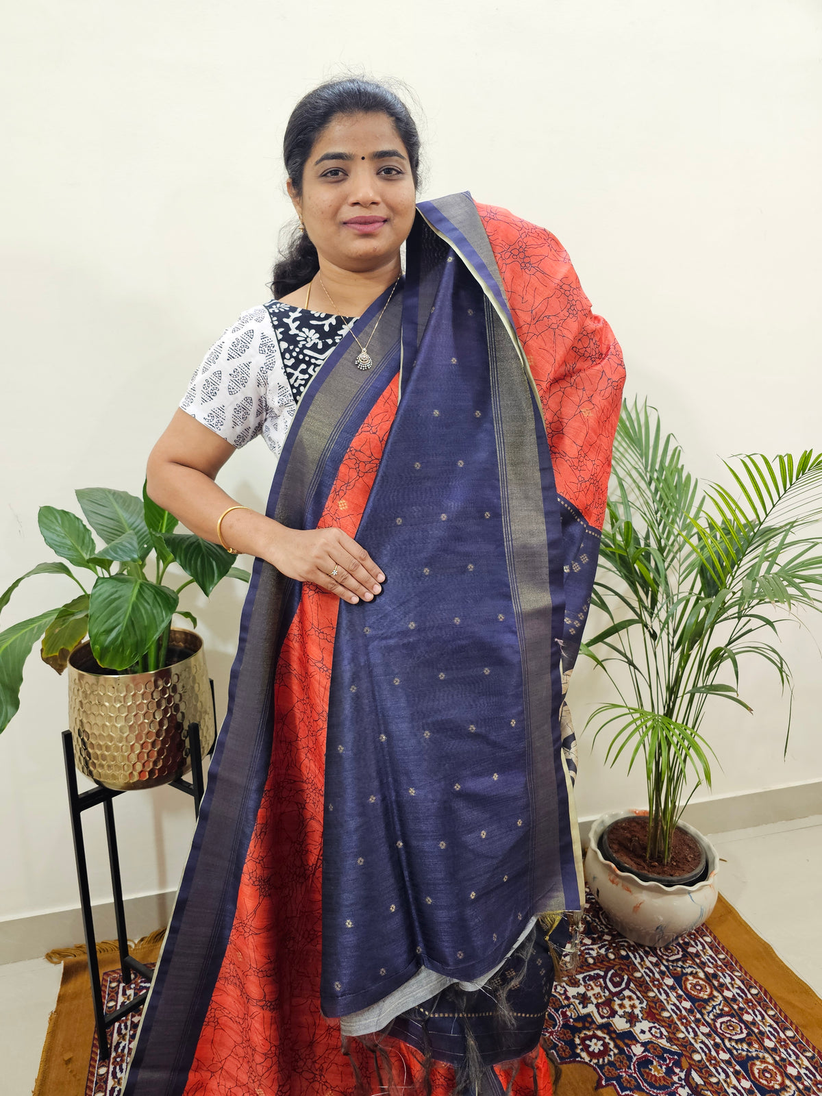 Soft Semi Tussar Weaving with Soft Zari Border - Orange  with Blue