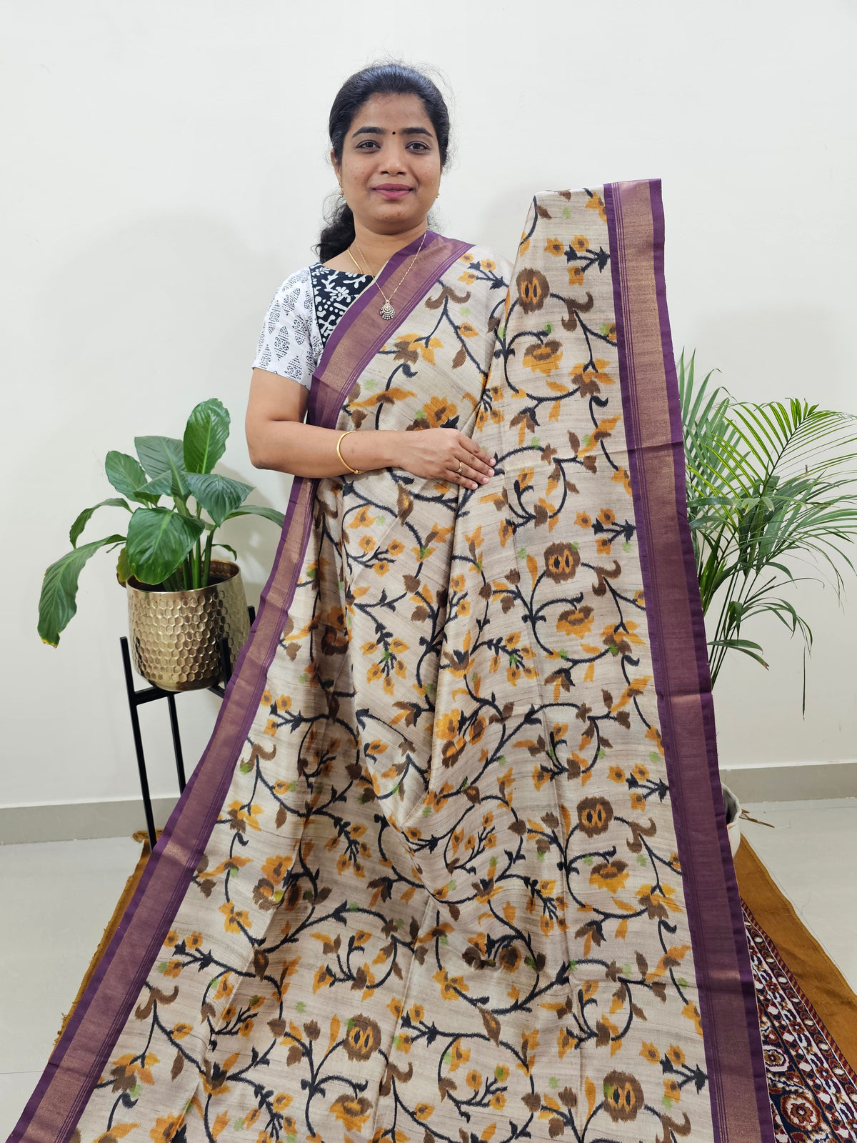 Soft Semi Tussar Weaving with Soft Zari Border - Orange with Purple