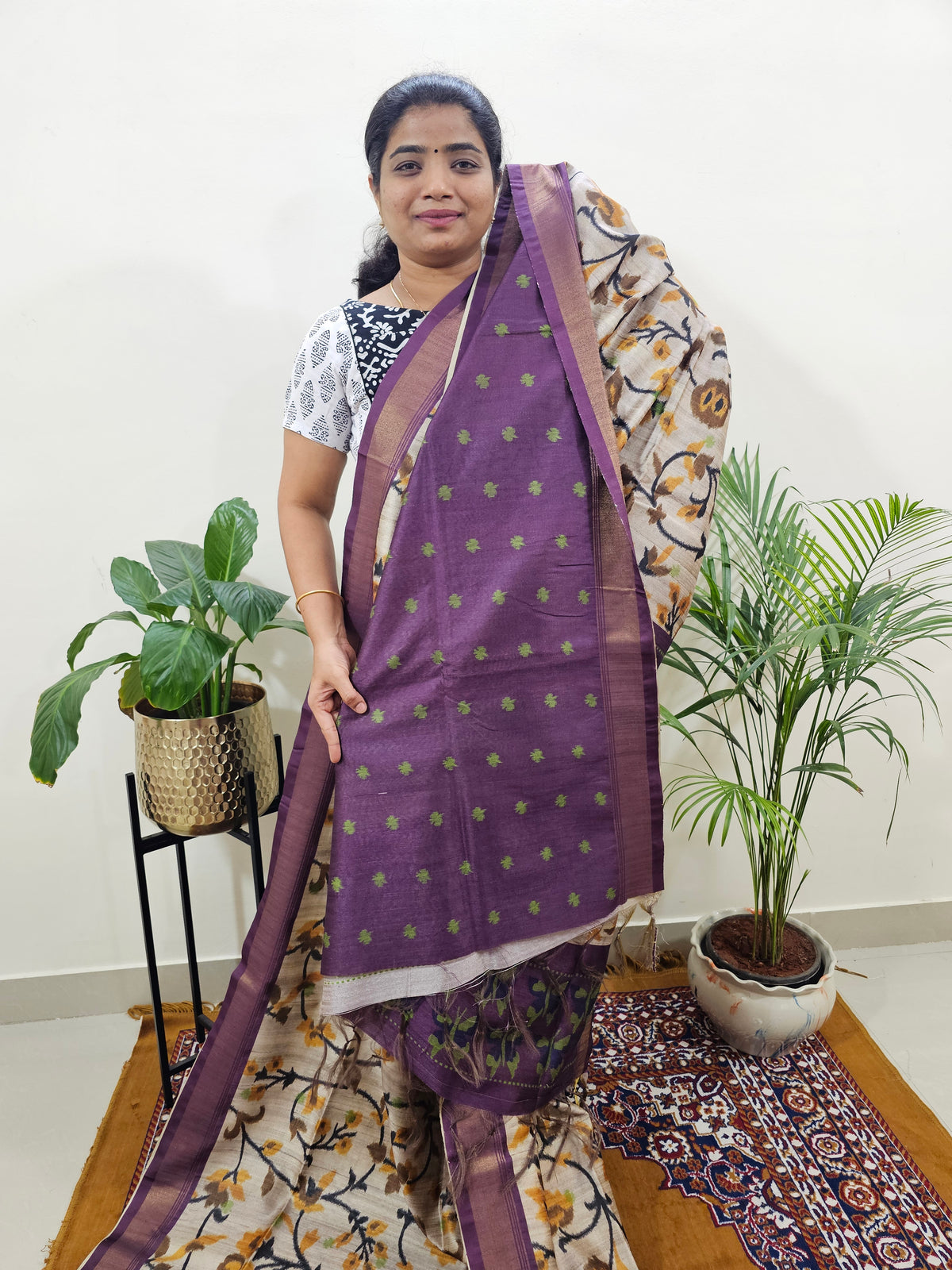 Soft Semi Tussar Weaving with Soft Zari Border - Orange with Purple