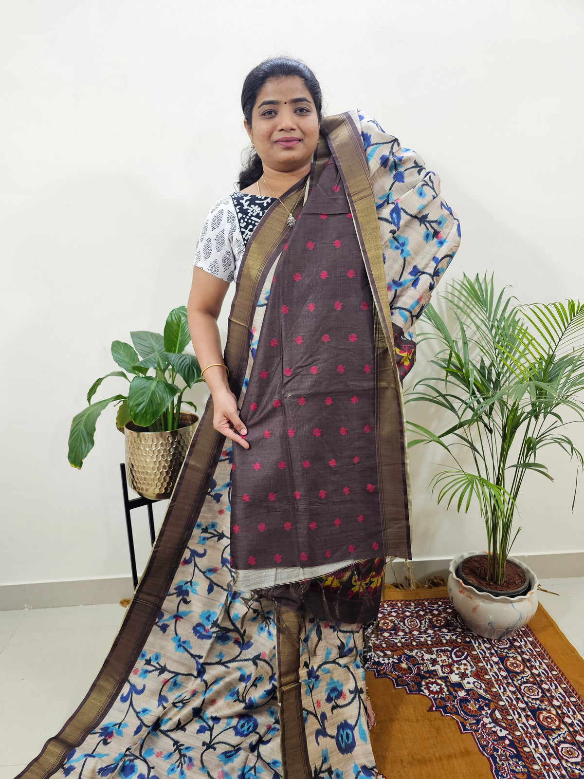 Soft Semi Tussar Weaving with Soft Zari Border - Blue with Brown