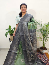 Bhagalpuri Zari Weaving with Batik Print - Green with Grey