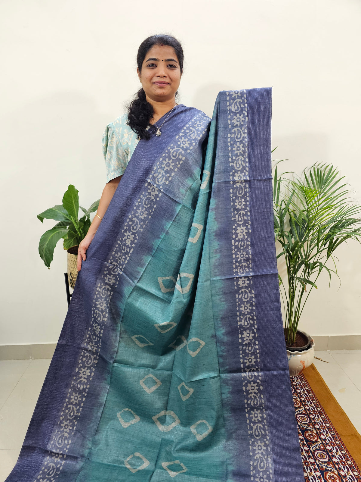 Bhagalpuri Zari Weaving with Batik Print - Sea Green with Blue