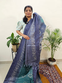 Bhagalpuri Zari Weaving with Batik Print - Sea Green with Blue
