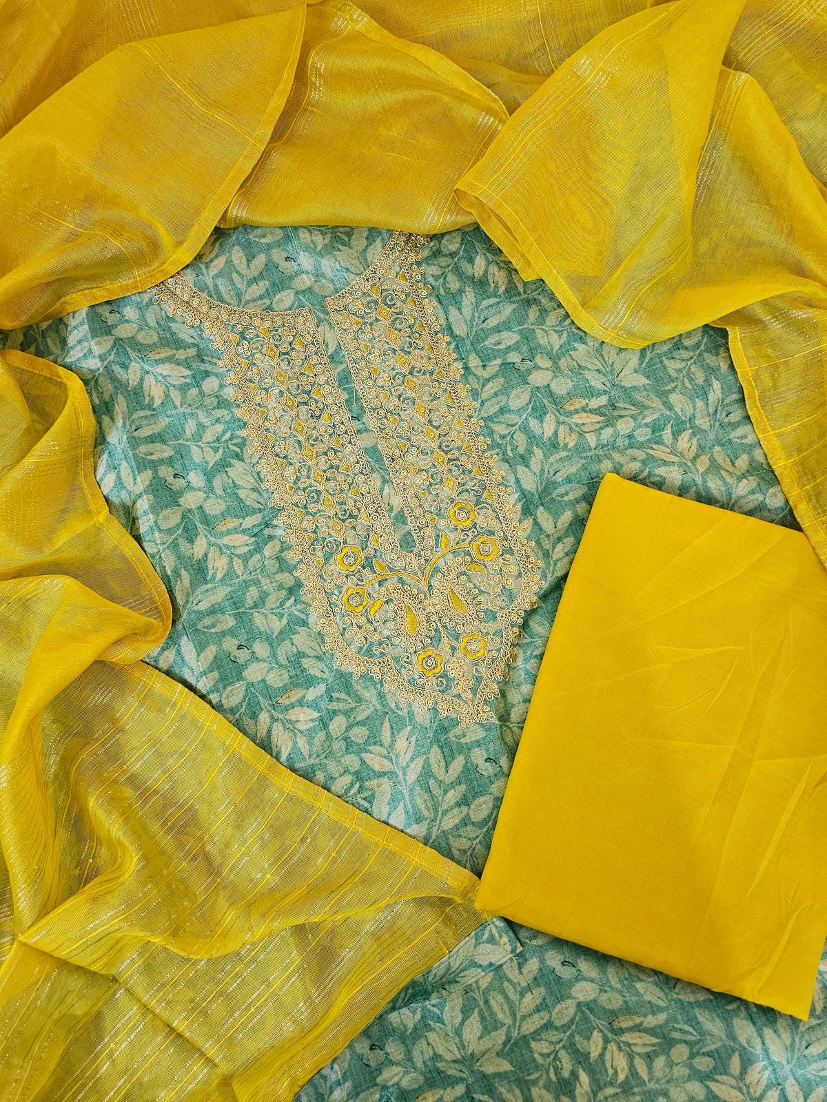 Semi Tussar Unstitched Salwar - Sea Blue with Yellow