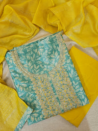 Semi Tussar Unstitched Salwar - Sea Blue with Yellow