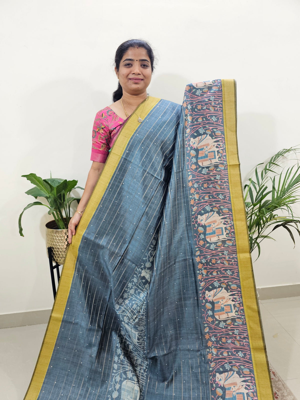 Soft Semi Tussar Weaving with Pichwai Border - Grey with Yellow