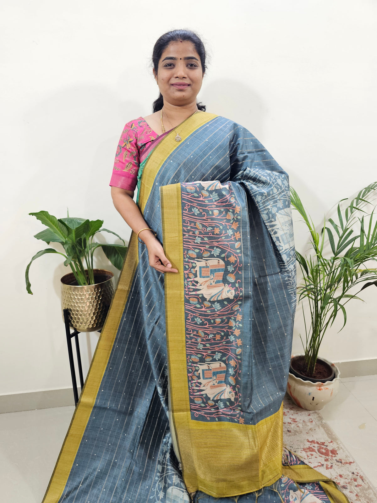 Soft Semi Tussar Weaving with Pichwai Border - Grey with Yellow