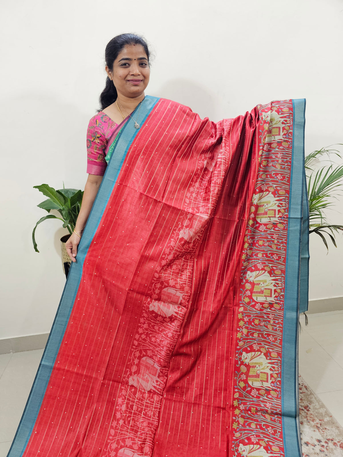 Soft Semi Tussar Weaving with Pichwai Border - Red with Blue