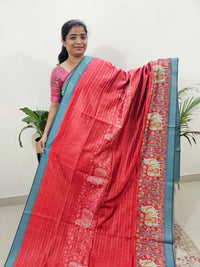 Soft Semi Tussar Weaving with Pichwai Border - Red with Blue