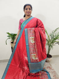 Soft Semi Tussar Weaving with Pichwai Border - Red with Blue