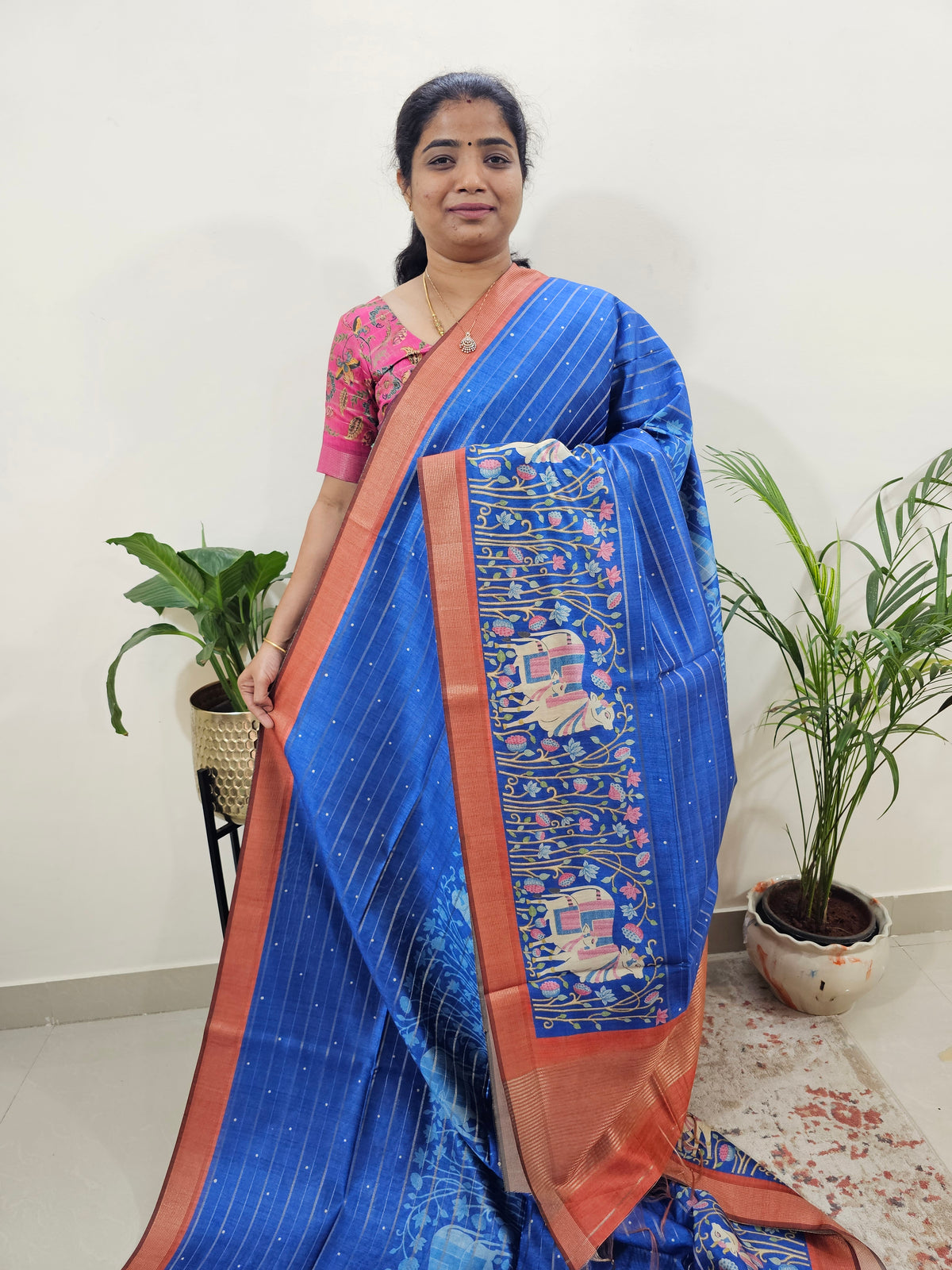 Soft Semi Tussar Weaving with Pichwai Border - Blue with Brown