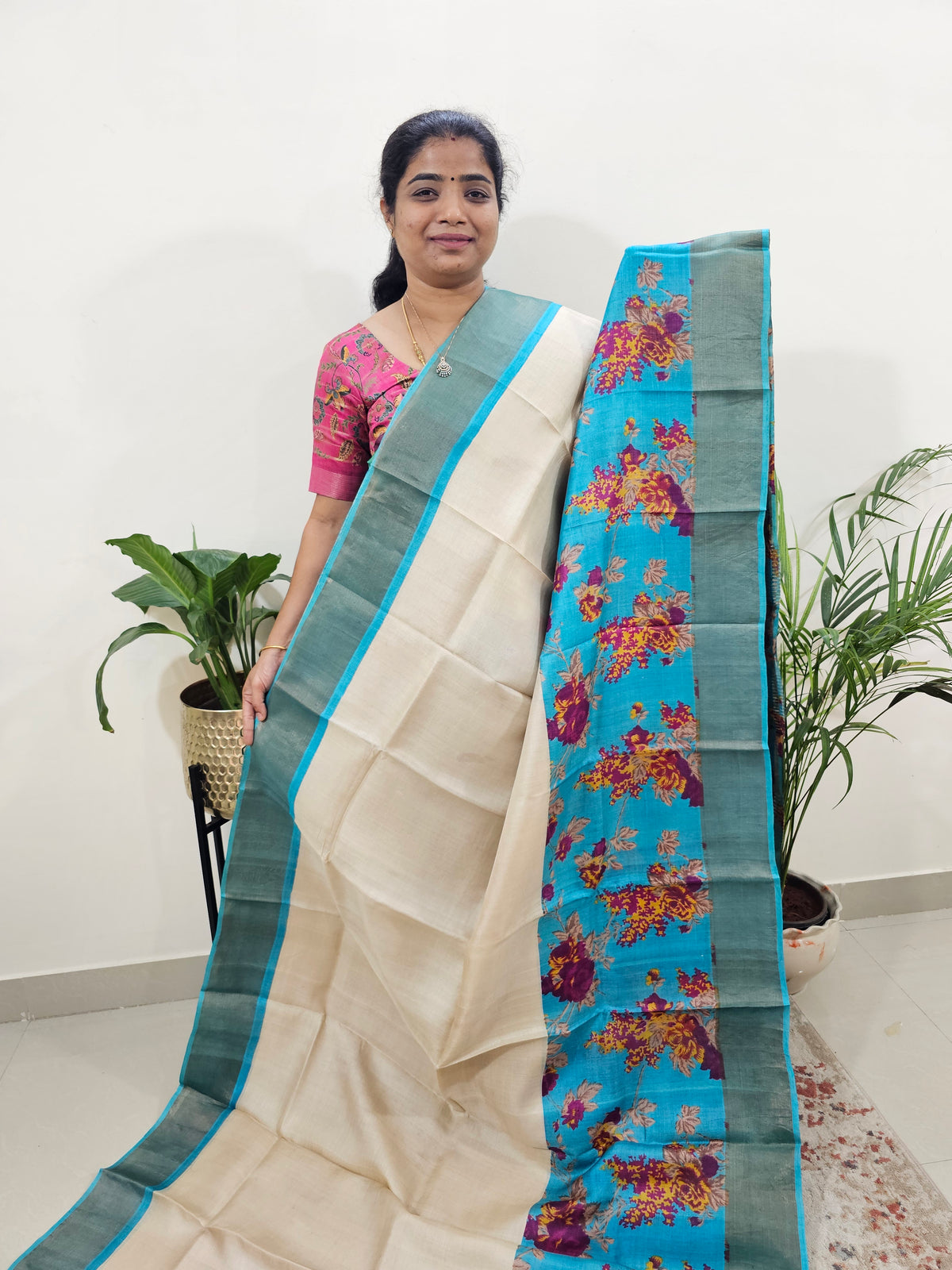 Pure Tussar Silk Saree with Zari Border - Cream with Blue