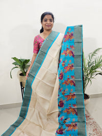 Pure Tussar Silk Saree with Zari Border - Cream with Blue