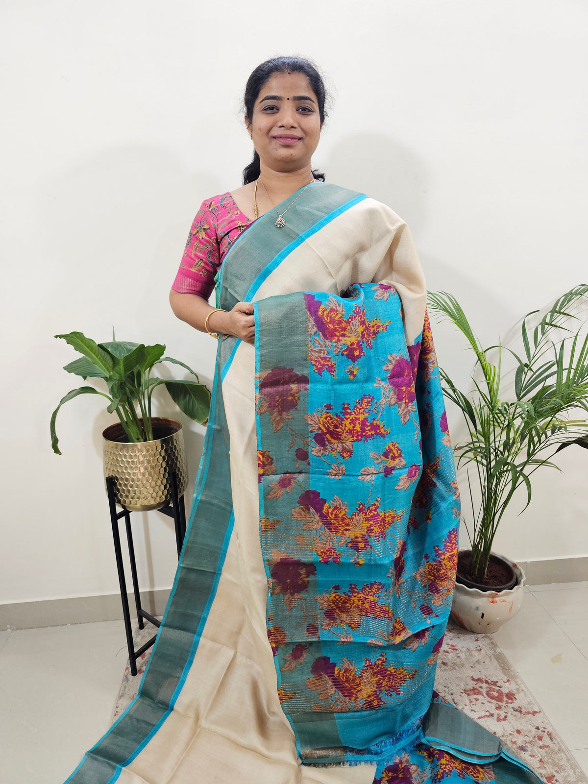 Pure Tussar Silk Saree with Zari Border - Cream with Blue